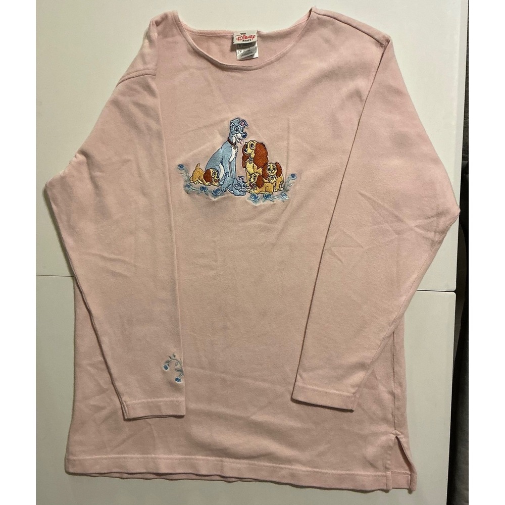 VTG Disney Store Lady and the Tramp Embroidered Pink Long Sleeve Top Womens M